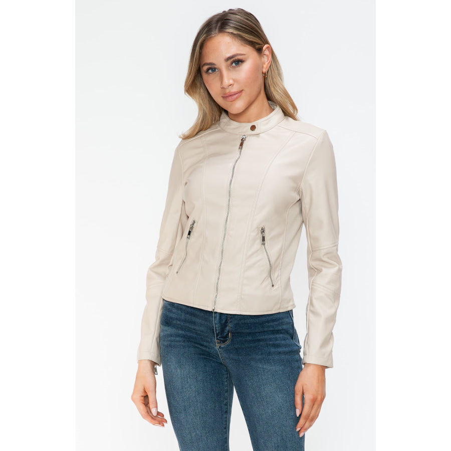 Snobbish PU Leather Zip Up Jacket with Pockets Apparel and Accessories