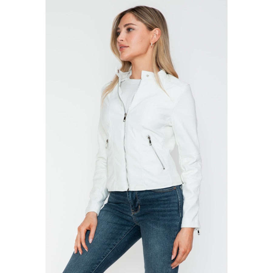 Snobbish PU Leather Zip Up Jacket with Pockets Apparel and Accessories