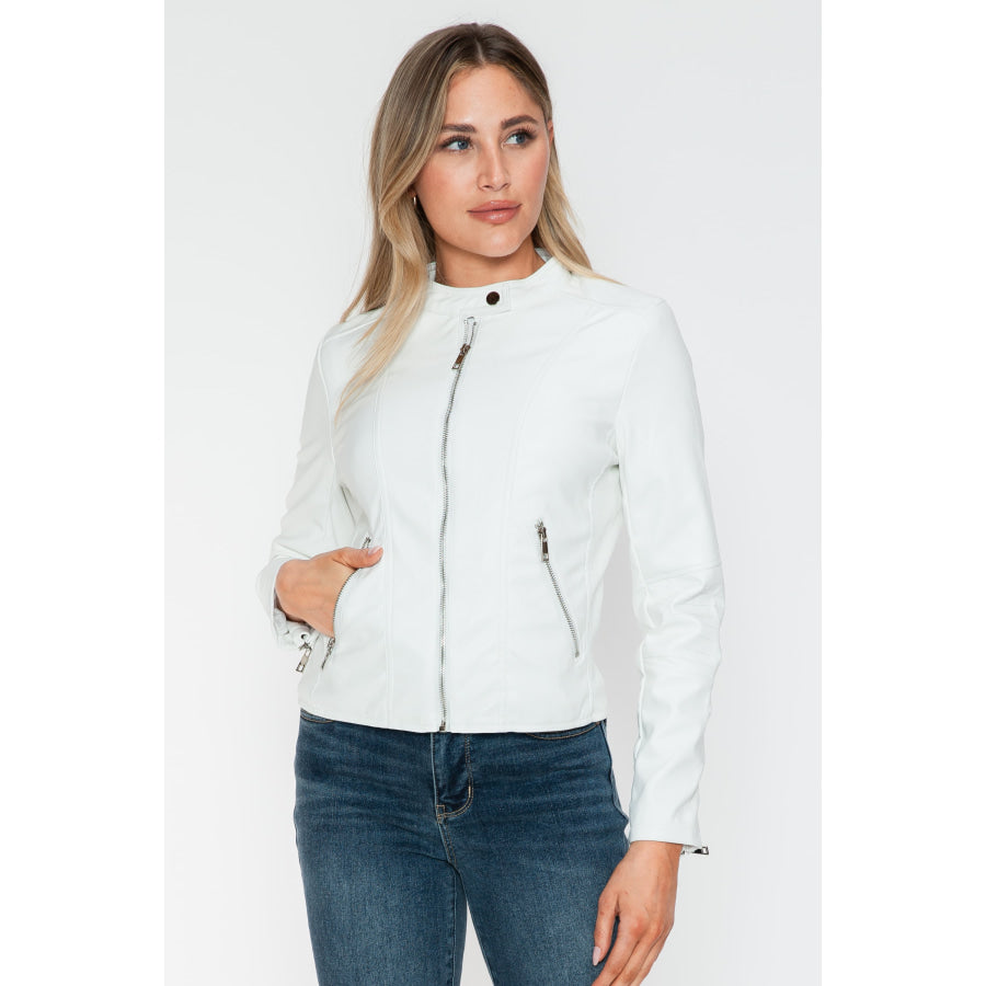 Snobbish PU Leather Zip Up Jacket with Pockets Apparel and Accessories