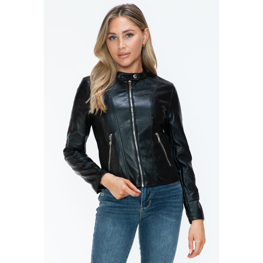 Snobbish PU Leather Zip Up Jacket with Pockets Apparel and Accessories