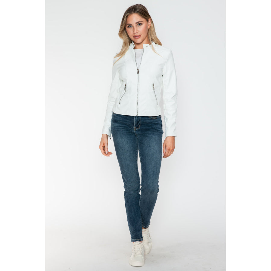 Snobbish PU Leather Zip Up Jacket with Pockets Apparel and Accessories