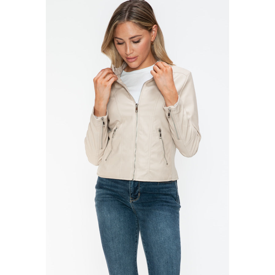 Snobbish PU Leather Zip Up Jacket with Pockets Apparel and Accessories