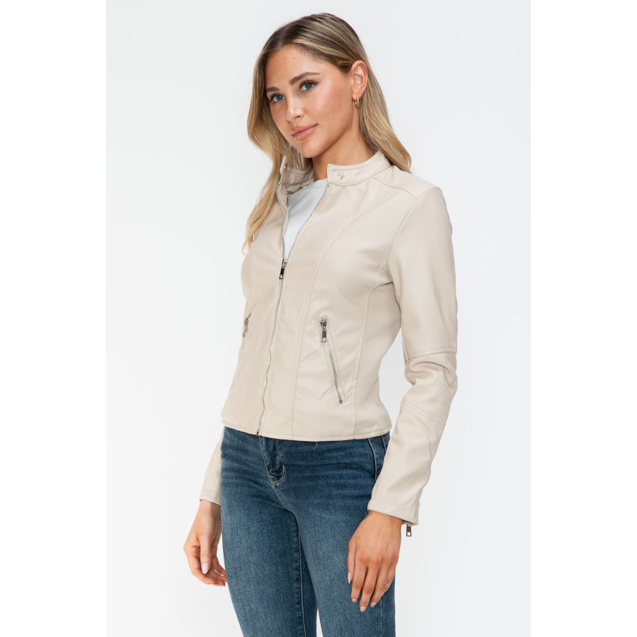 Snobbish PU Leather Zip Up Jacket with Pockets Apparel and Accessories