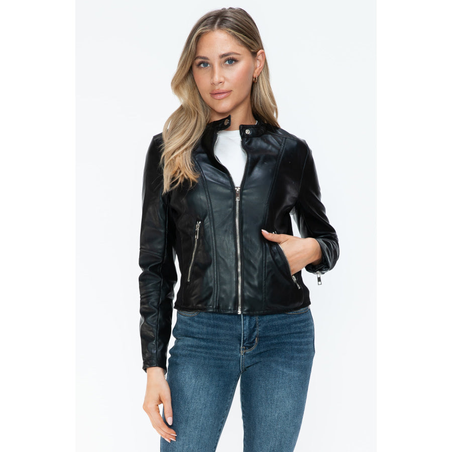 Snobbish PU Leather Zip Up Jacket with Pockets Apparel and Accessories