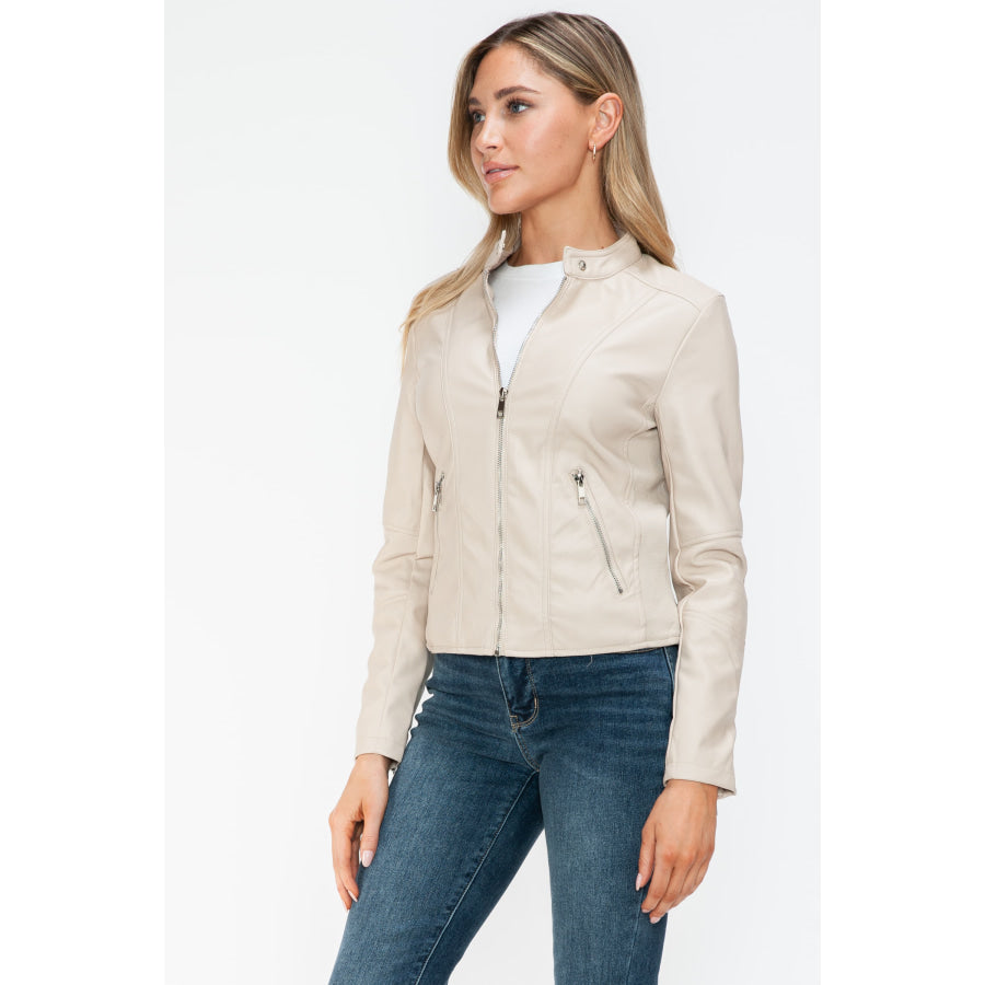 Snobbish PU Leather Zip Up Jacket with Pockets Apparel and Accessories