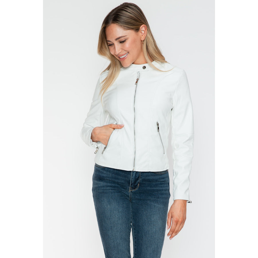 Snobbish PU Leather Zip Up Jacket with Pockets Apparel and Accessories