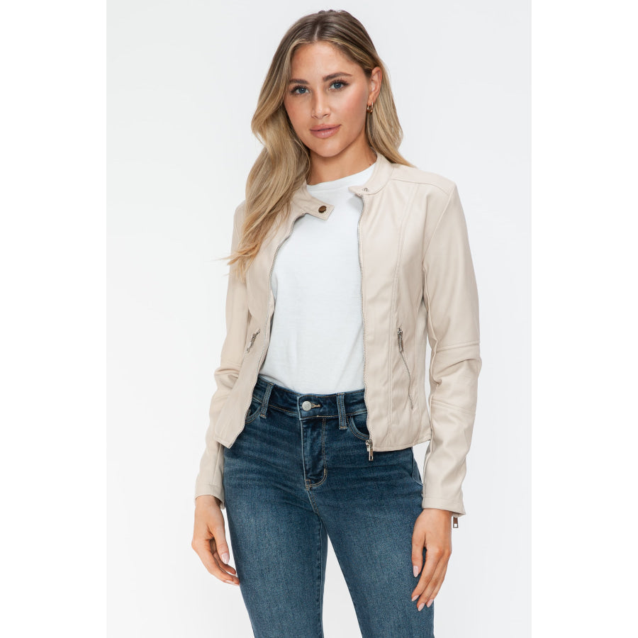 Snobbish PU Leather Zip Up Jacket with Pockets Apparel and Accessories