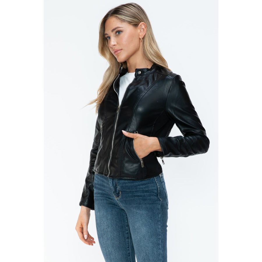 Snobbish PU Leather Zip Up Jacket with Pockets Apparel and Accessories