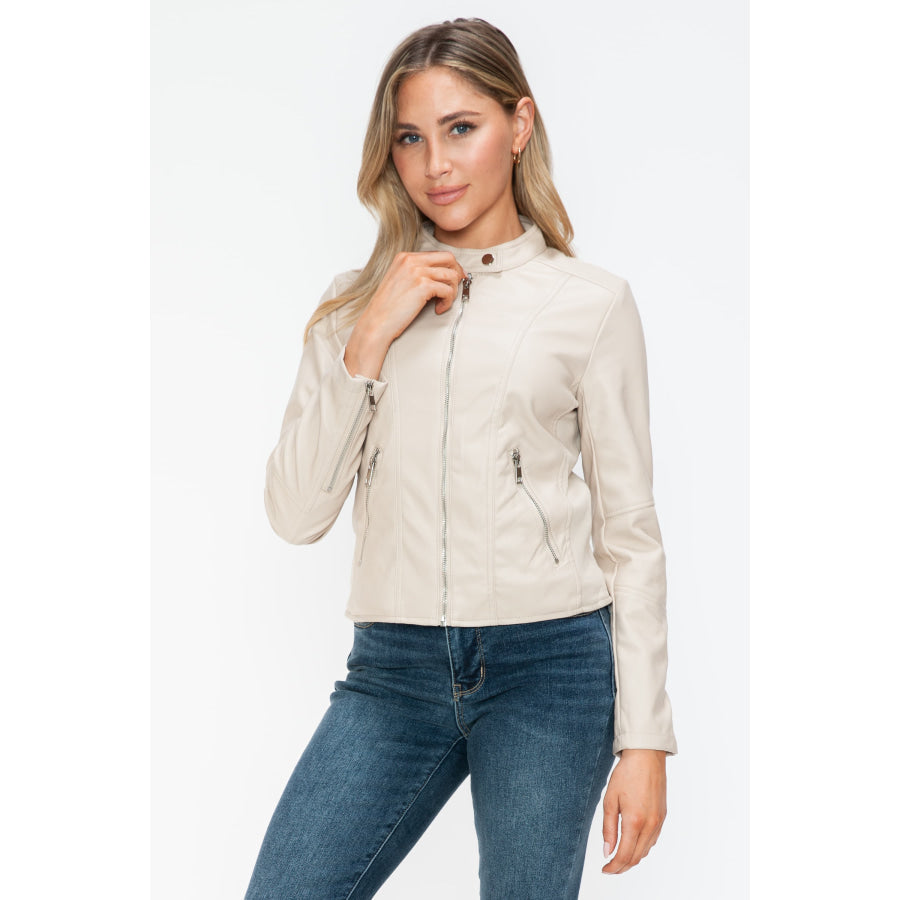 Snobbish PU Leather Zip Up Jacket with Pockets Apparel and Accessories