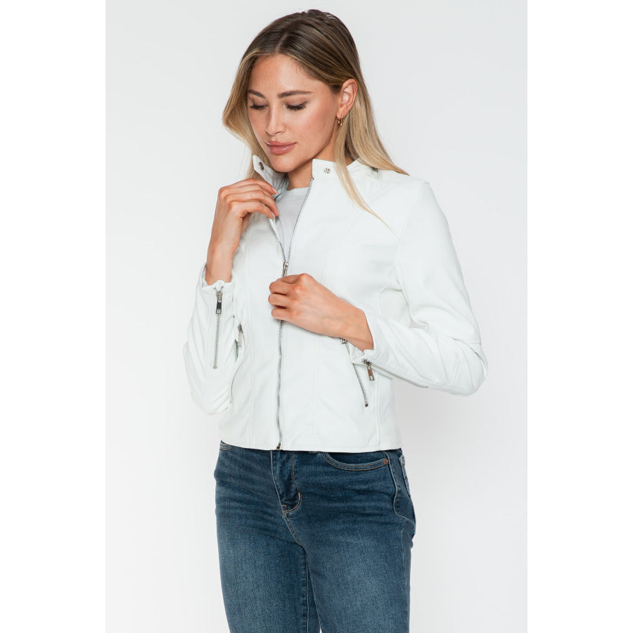 Snobbish PU Leather Zip Up Jacket with Pockets Apparel and Accessories