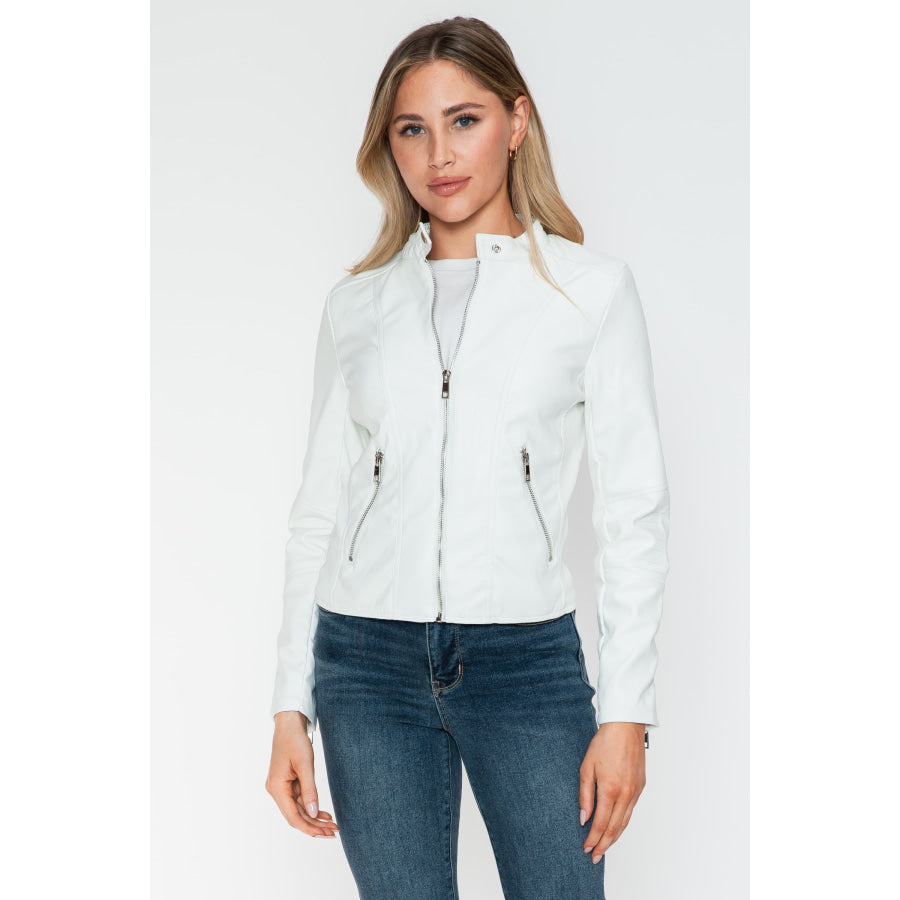 Snobbish PU Leather Zip Up Jacket with Pockets Apparel and Accessories