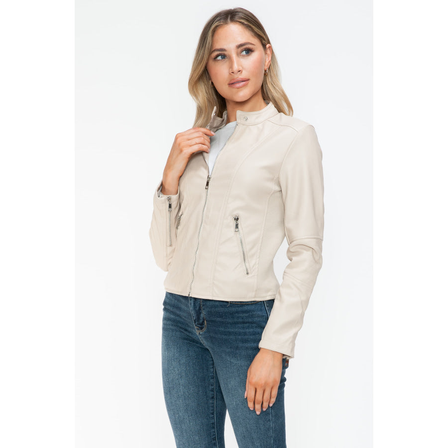 Snobbish PU Leather Zip Up Jacket with Pockets Apparel and Accessories