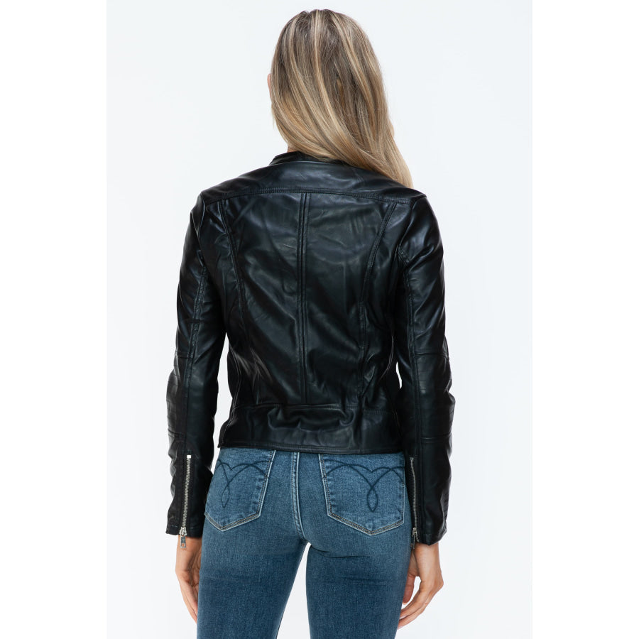 Snobbish PU Leather Zip Up Jacket with Pockets Apparel and Accessories