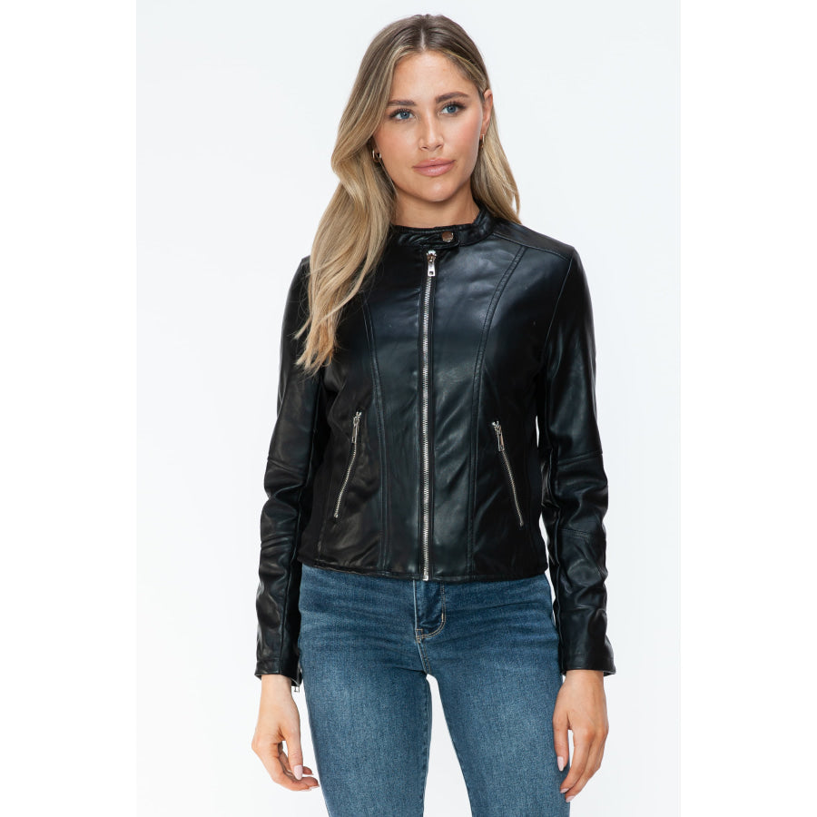 Snobbish PU Leather Zip Up Jacket with Pockets Apparel and Accessories