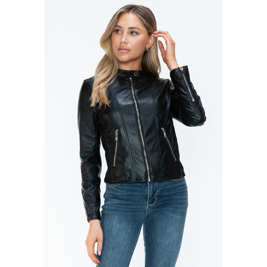 Snobbish PU Leather Zip Up Jacket with Pockets Apparel and Accessories