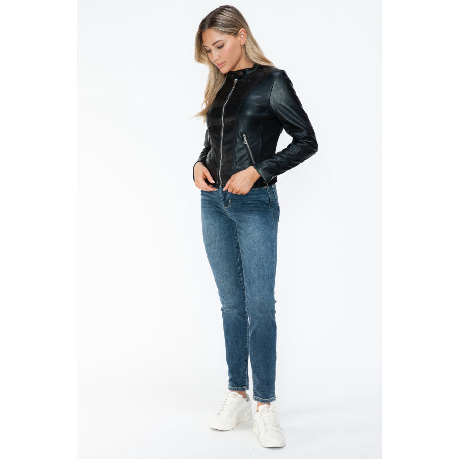 Snobbish PU Leather Zip Up Jacket with Pockets Apparel and Accessories