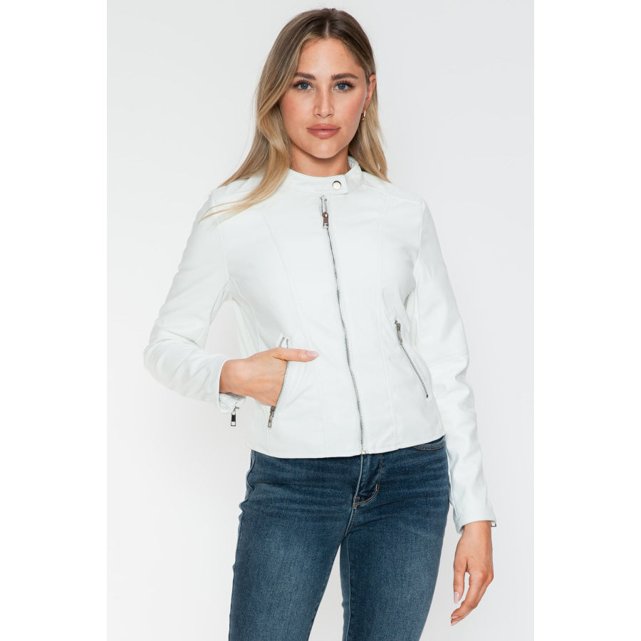 Snobbish PU Leather Zip Up Jacket with Pockets Apparel and Accessories