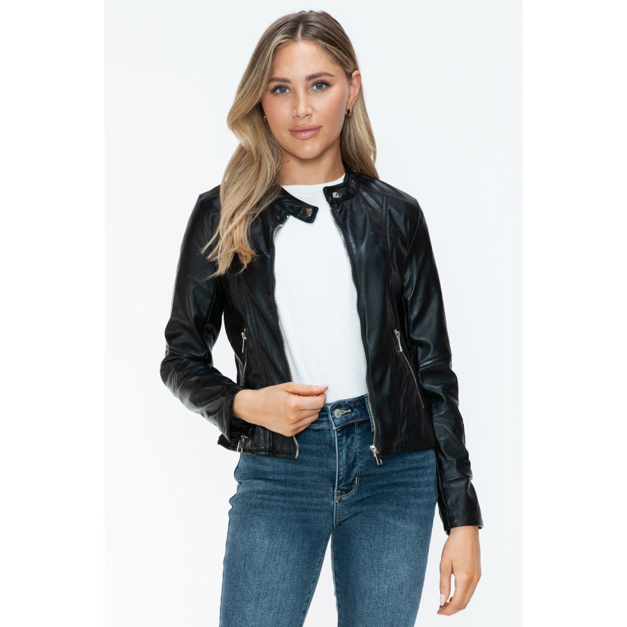 Snobbish PU Leather Zip Up Jacket with Pockets Black / S Apparel and Accessories