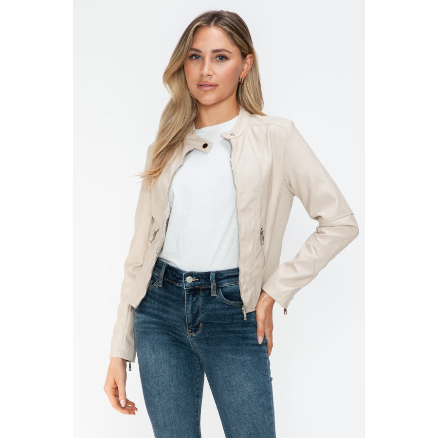 Snobbish PU Leather Zip Up Jacket with Pockets Sand / S Apparel and Accessories