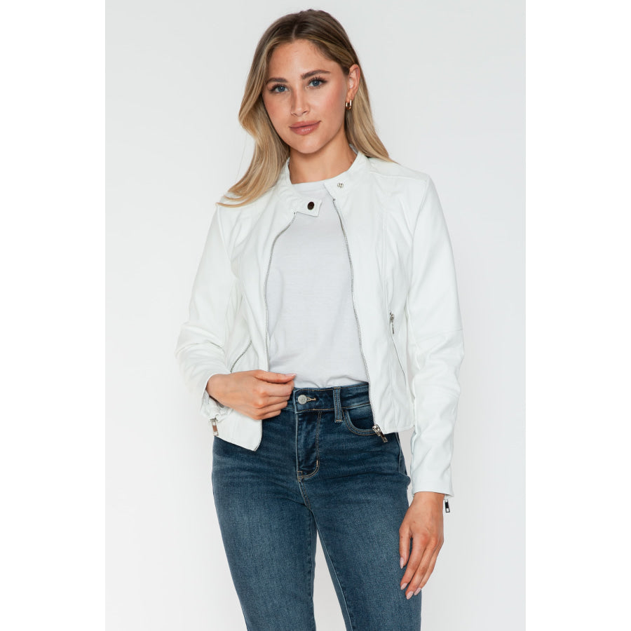 Snobbish PU Leather Zip Up Jacket with Pockets White / S Apparel and Accessories