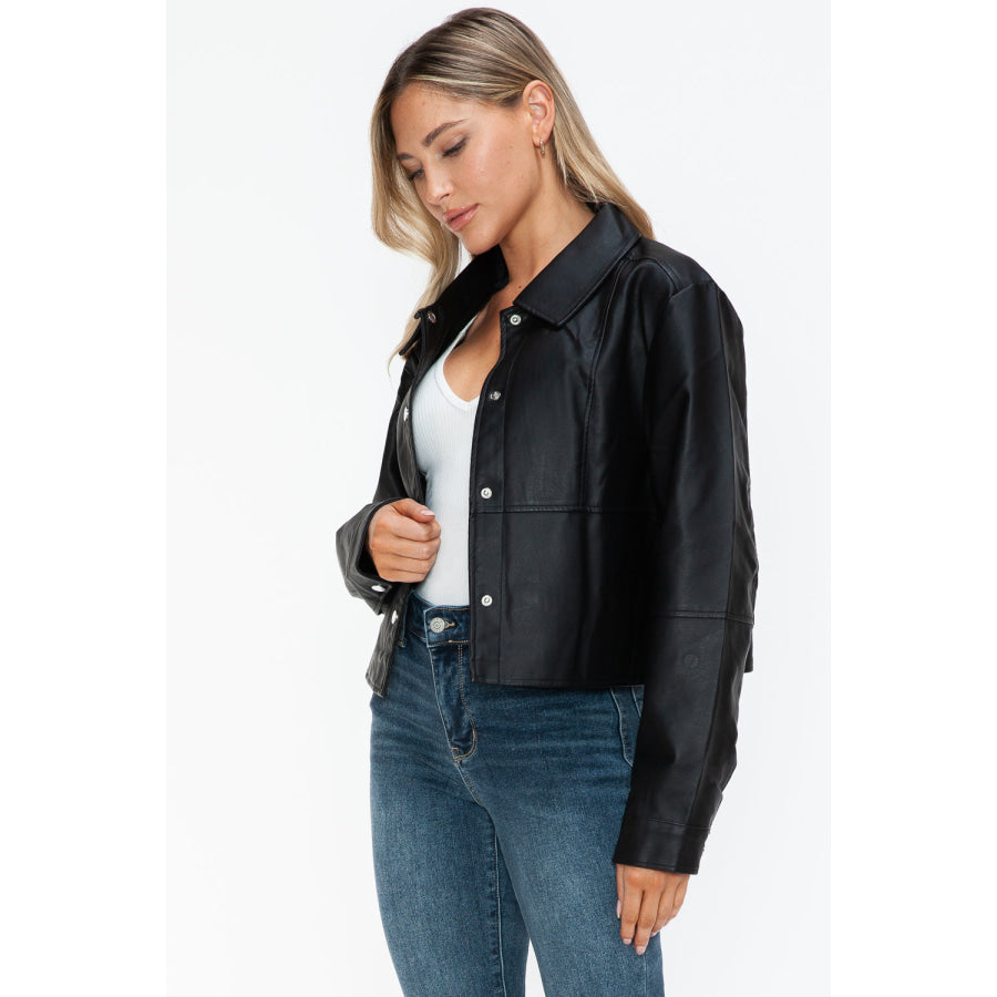 Snobbish Snap Down Long Sleeve PU Leather Jacket Apparel and Accessories