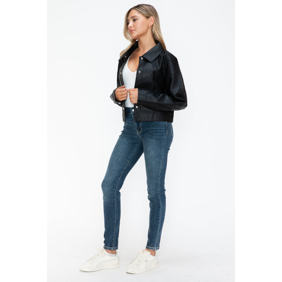 Snobbish Snap Down Long Sleeve PU Leather Jacket Apparel and Accessories