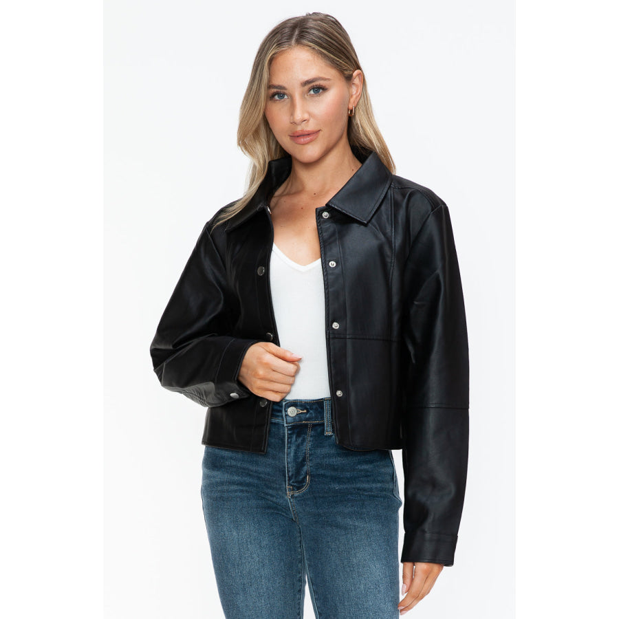 Snobbish Snap Down Long Sleeve PU Leather Jacket Apparel and Accessories