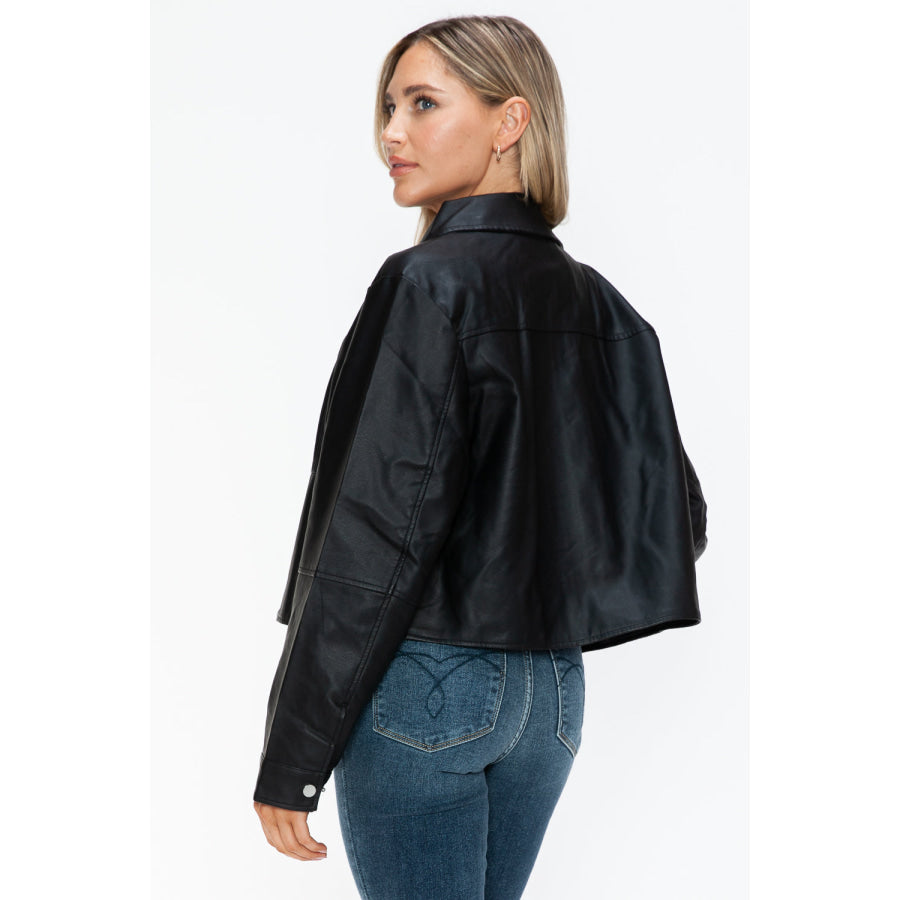 Snobbish Snap Down Long Sleeve PU Leather Jacket Apparel and Accessories