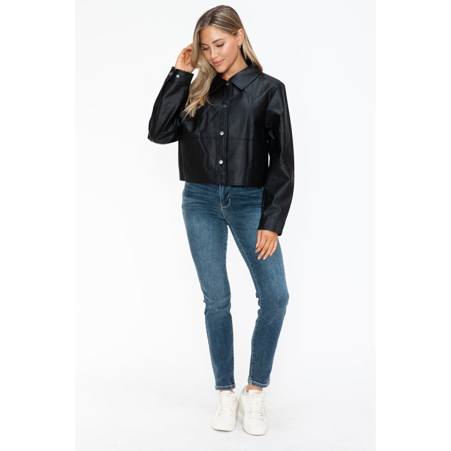 Snobbish Snap Down Long Sleeve PU Leather Jacket Apparel and Accessories