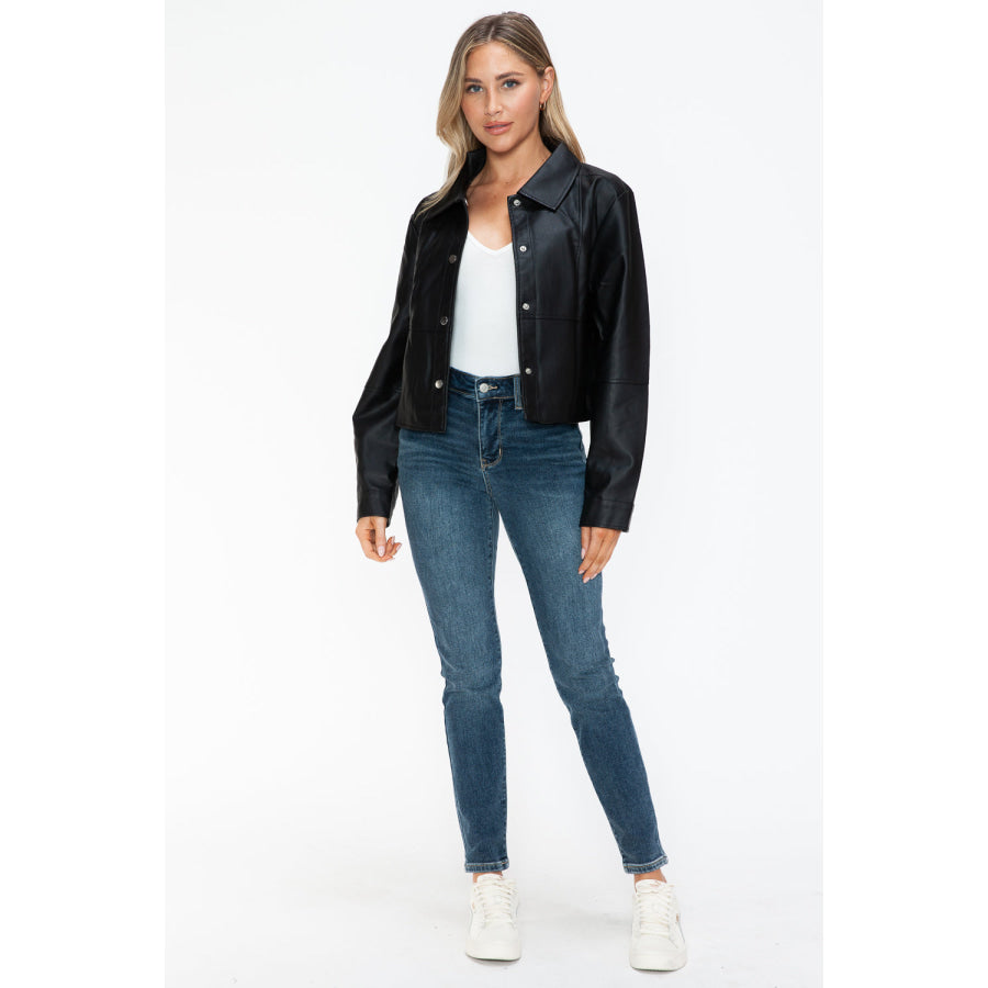 Snobbish Snap Down Long Sleeve PU Leather Jacket Apparel and Accessories