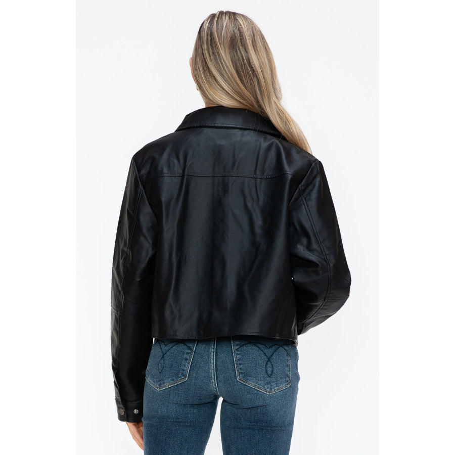 Snobbish Snap Down Long Sleeve PU Leather Jacket Apparel and Accessories