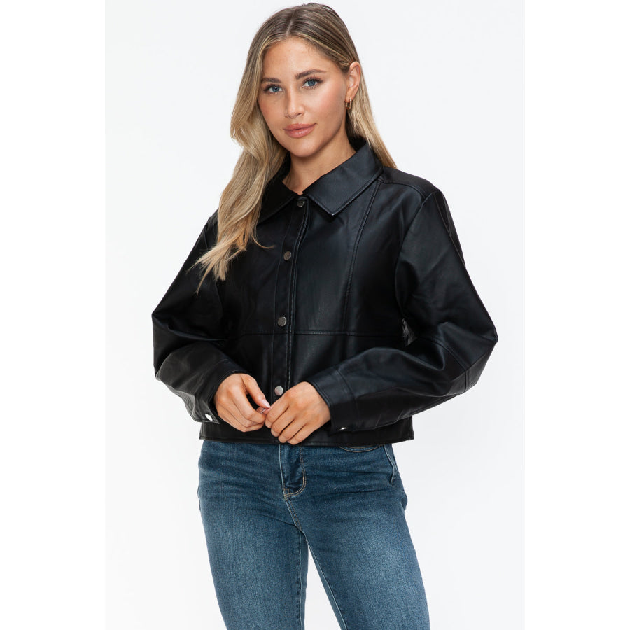 Snobbish Snap Down Long Sleeve PU Leather Jacket Apparel and Accessories