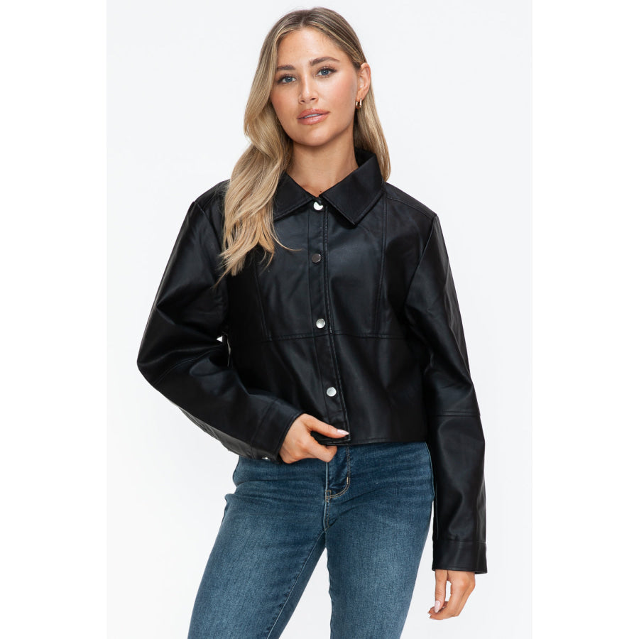 Snobbish Snap Down Long Sleeve PU Leather Jacket Apparel and Accessories