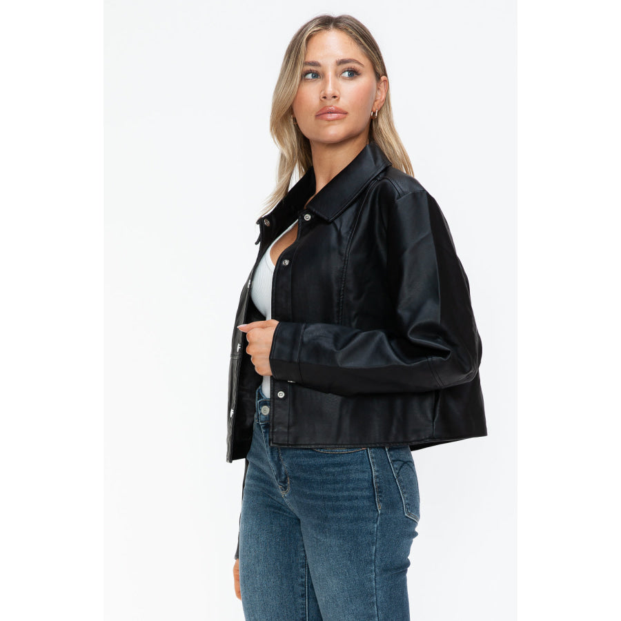 Snobbish Snap Down Long Sleeve PU Leather Jacket Apparel and Accessories