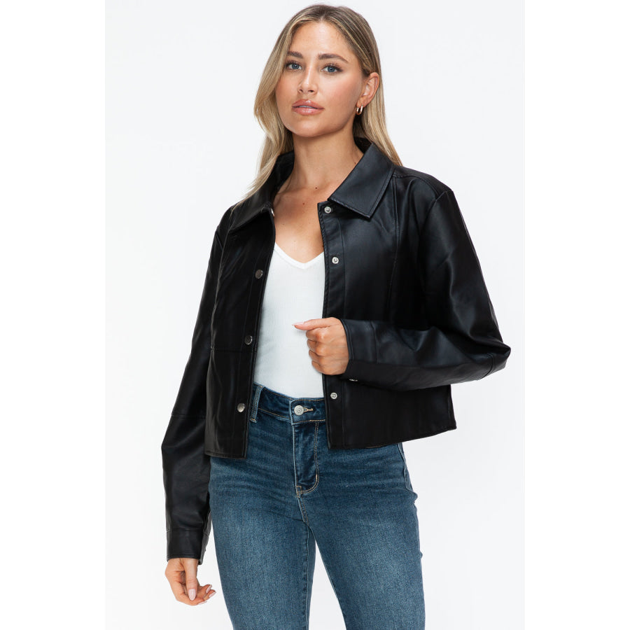 Snobbish Snap Down Long Sleeve PU Leather Jacket Apparel and Accessories