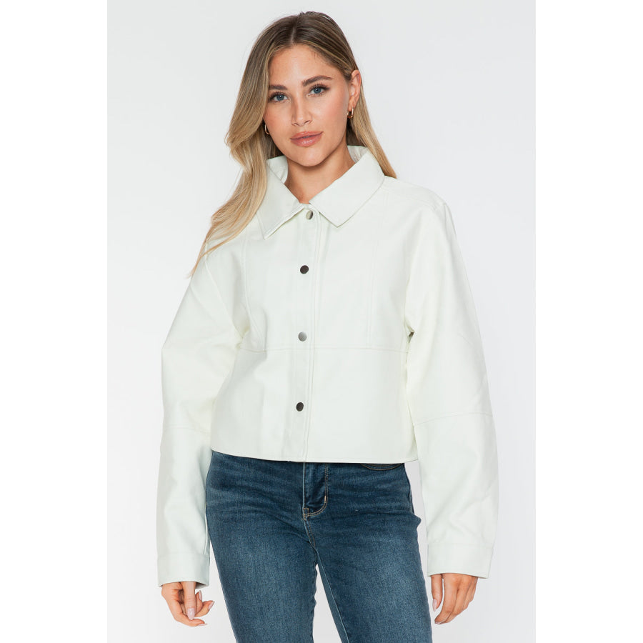 Snobbish Snap Down Long Sleeve PU Leather Jacket White / S Apparel and Accessories