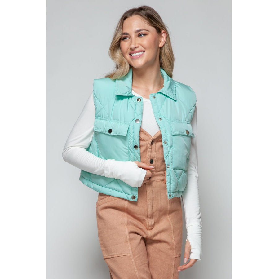 Snobbish Snap Down Quilted Crop Vest Green / S Apparel and Accessories