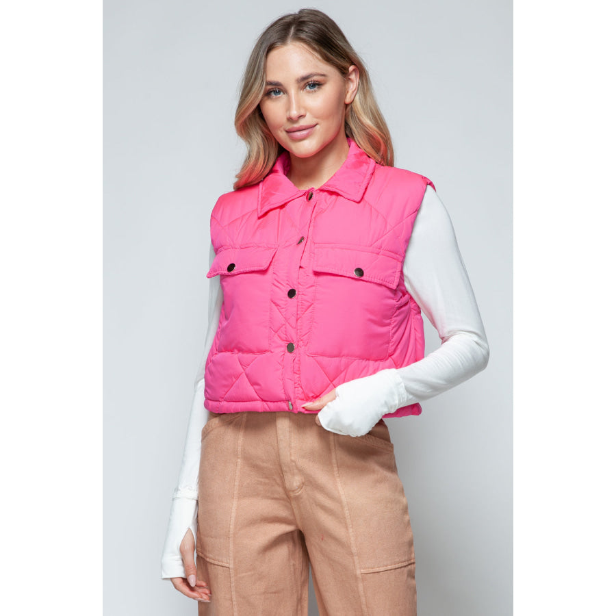 Snobbish Snap Down Quilted Crop Vest Hot Pink / S Apparel and Accessories