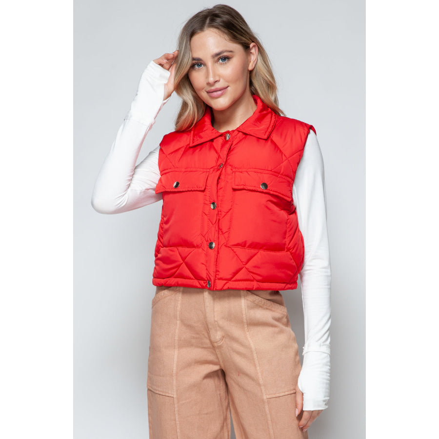 Snobbish Snap Down Quilted Crop Vest Red / S Apparel and Accessories