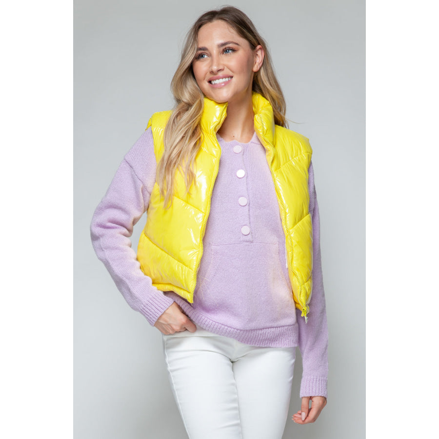 Snobbish Zip Up Turtleneck Shiny Quilted Vest Yellow / S Apparel and Accessories