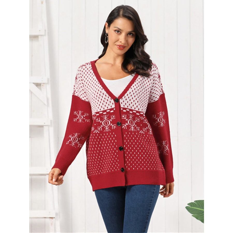 Snowflake Button Down Cardigan Deep Red / S