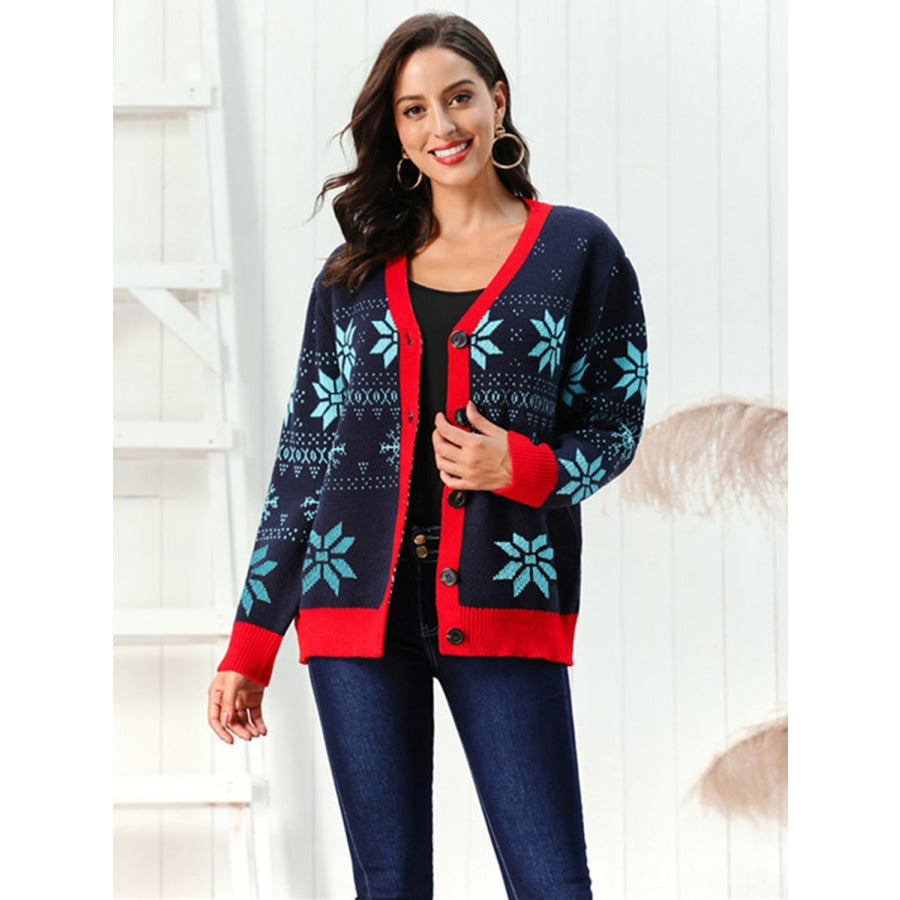 Snowflake Pattern Button Down Cardigan Dark Navy / S