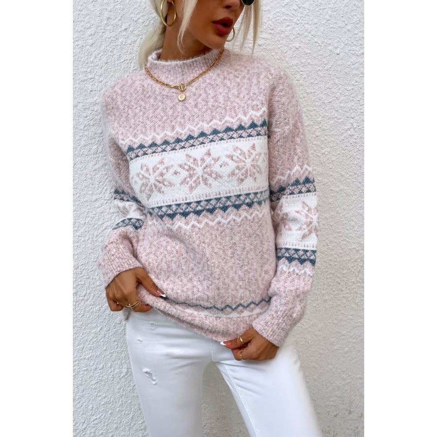 Snowflake Pattern Mock Neck Sweater Blush Pink / S