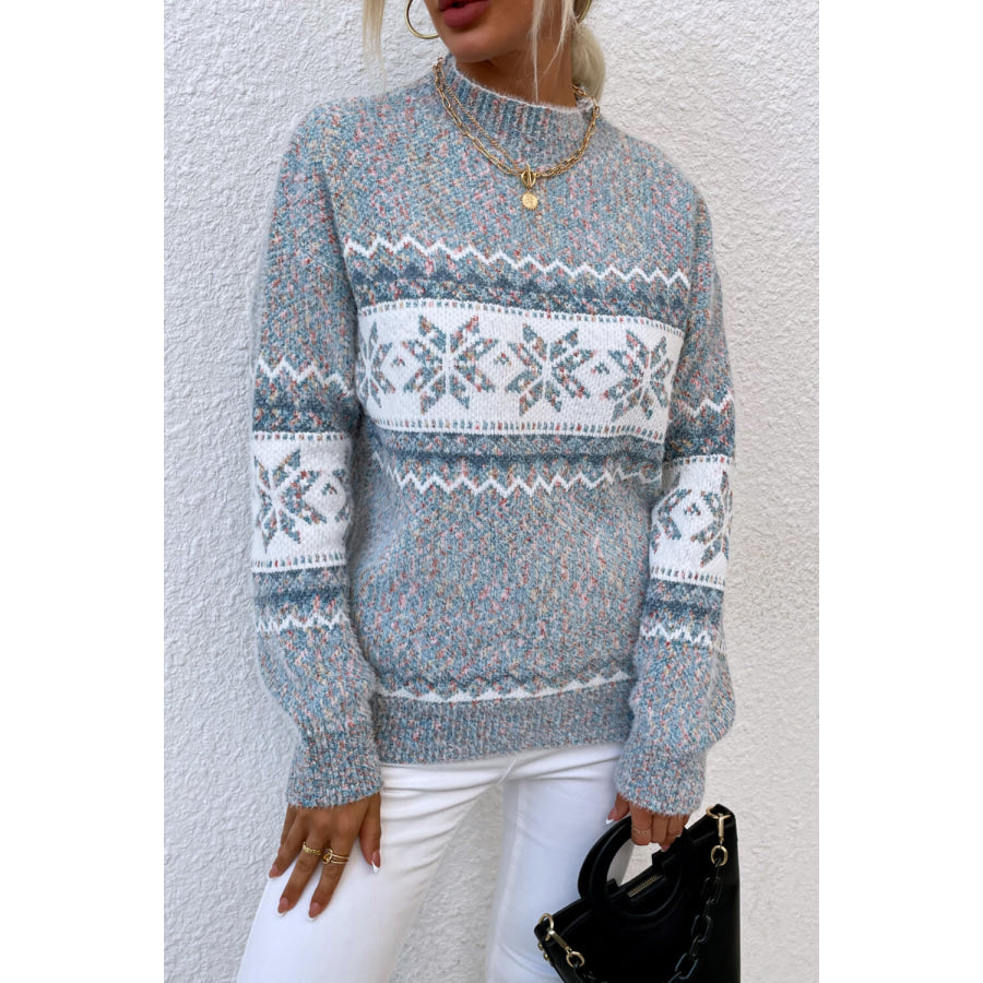 Snowflake Pattern Mock Neck Sweater Cloudy Blue / S