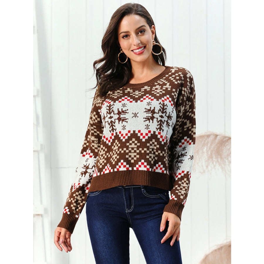 Snowflake Pattern Round Neck Sweater Chestnut / S