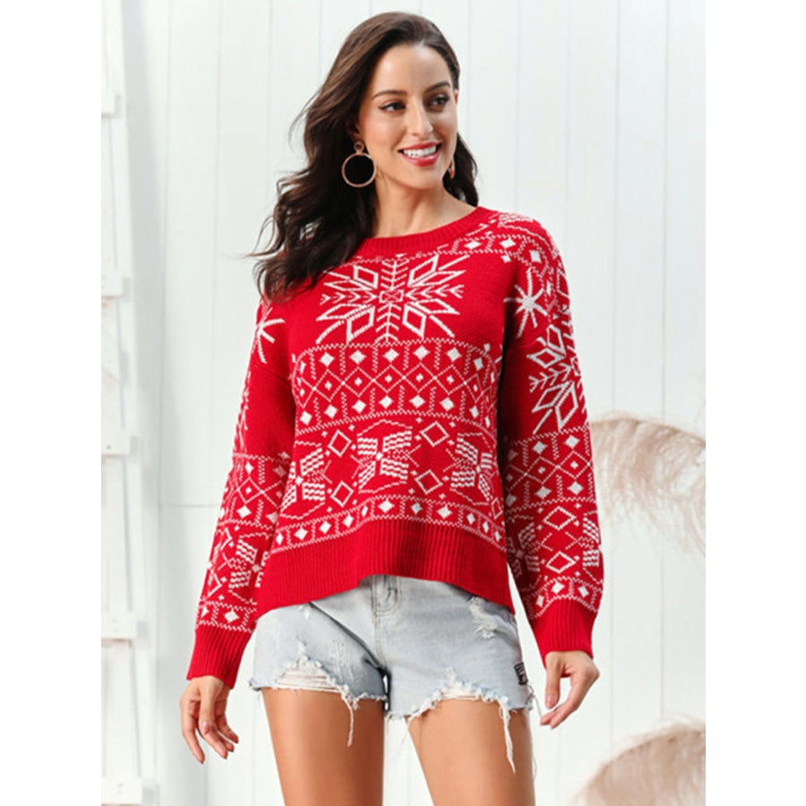 Snowflake Pattern Round Neck Sweater Red / S