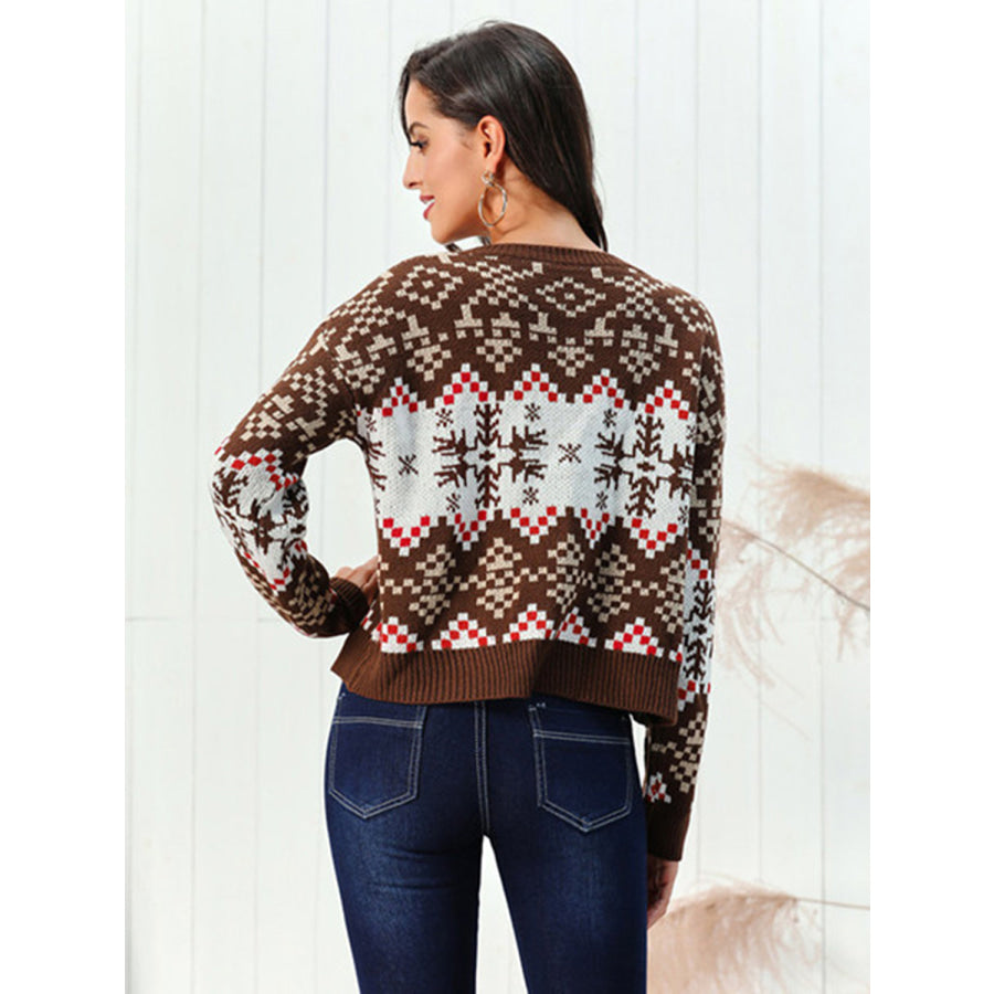 Snowflake Pattern Round Neck Sweater Chestnut / S