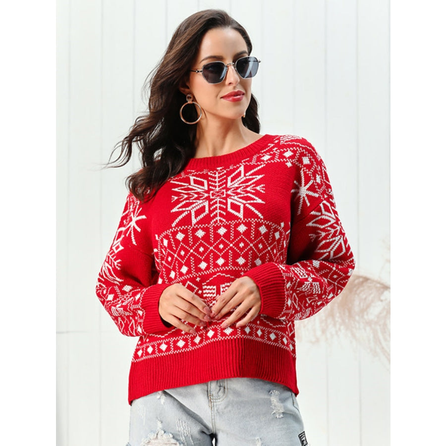 Snowflake Pattern Round Neck Sweater