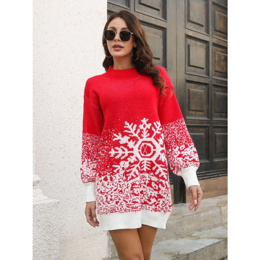 Snowflake Pattern Sweater Dress Red / S