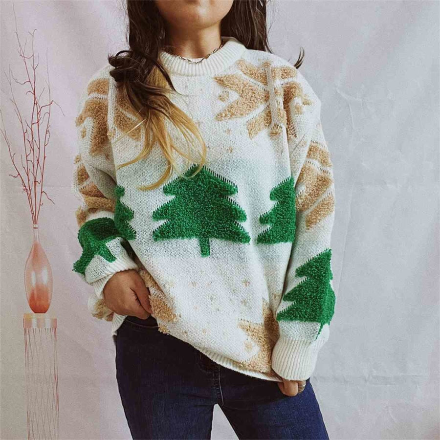 Snowflake Round Neck Long Sleeve Sweater Cream / S